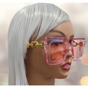 Sunglasses Women Pink & Gold Big Rectangle Luxury Vintage Shades UV400
